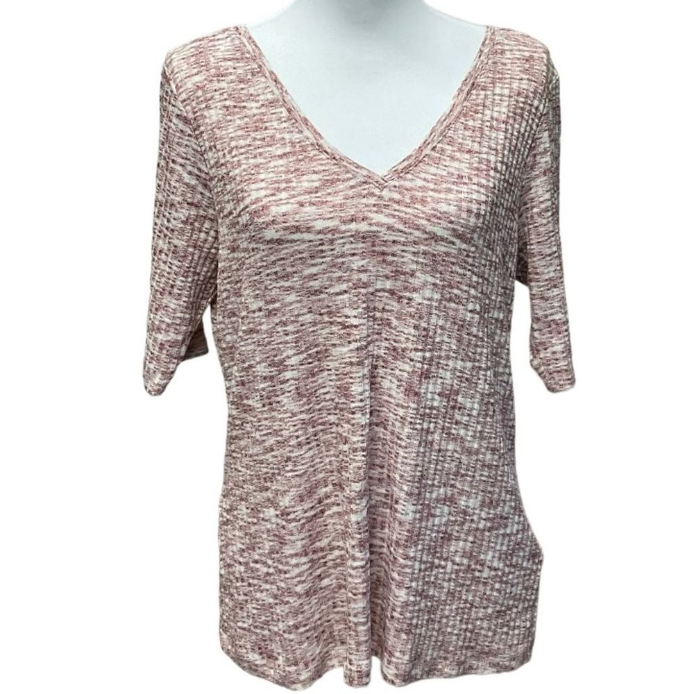 Liverpool Los Angeles Womens Space Dyed Pink V-Neck Short Sleeve Knit Top‎ Sz L